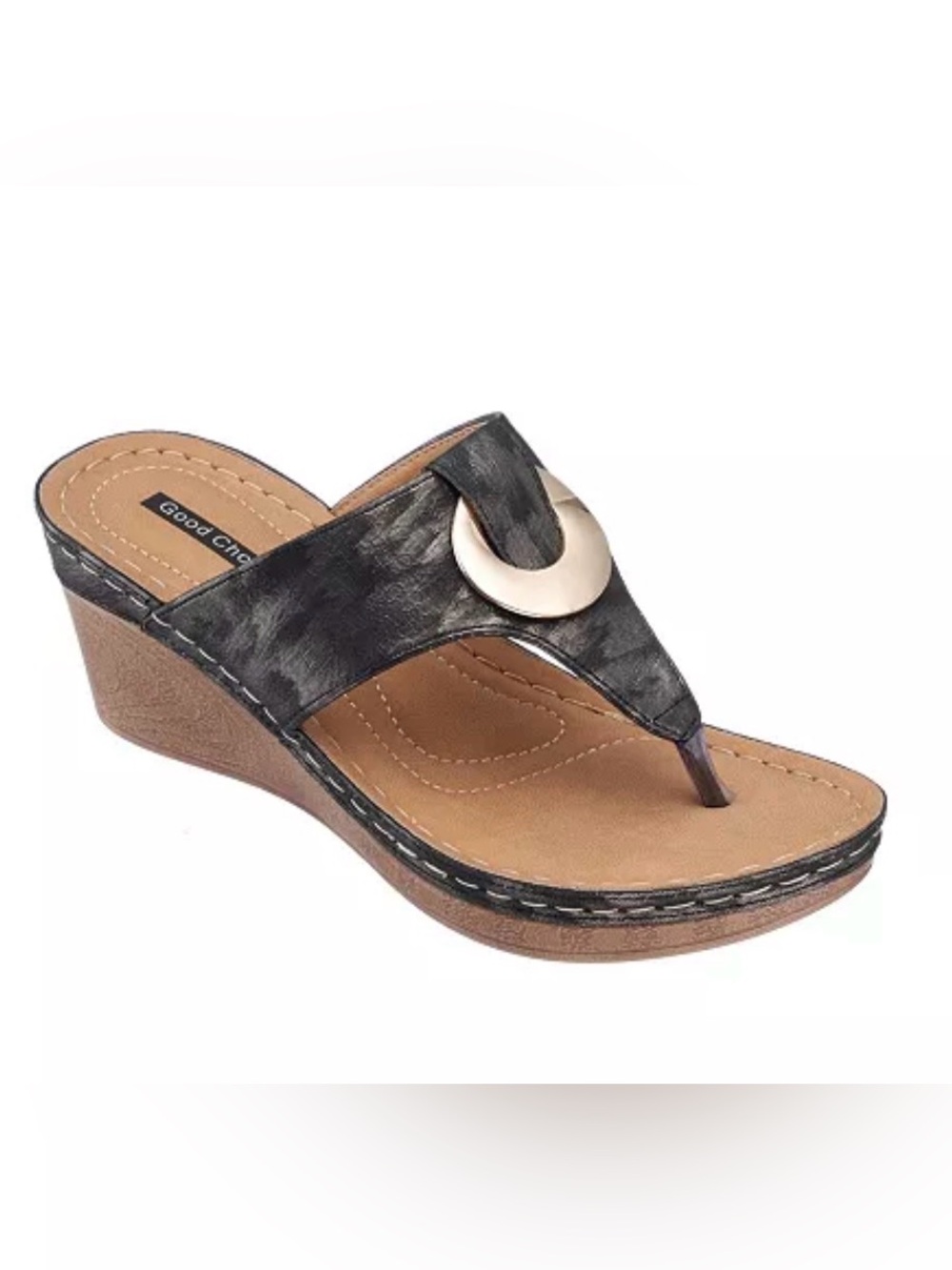 Good Choice Black and Tan Wedge Thong Sandals with Metallic Accent